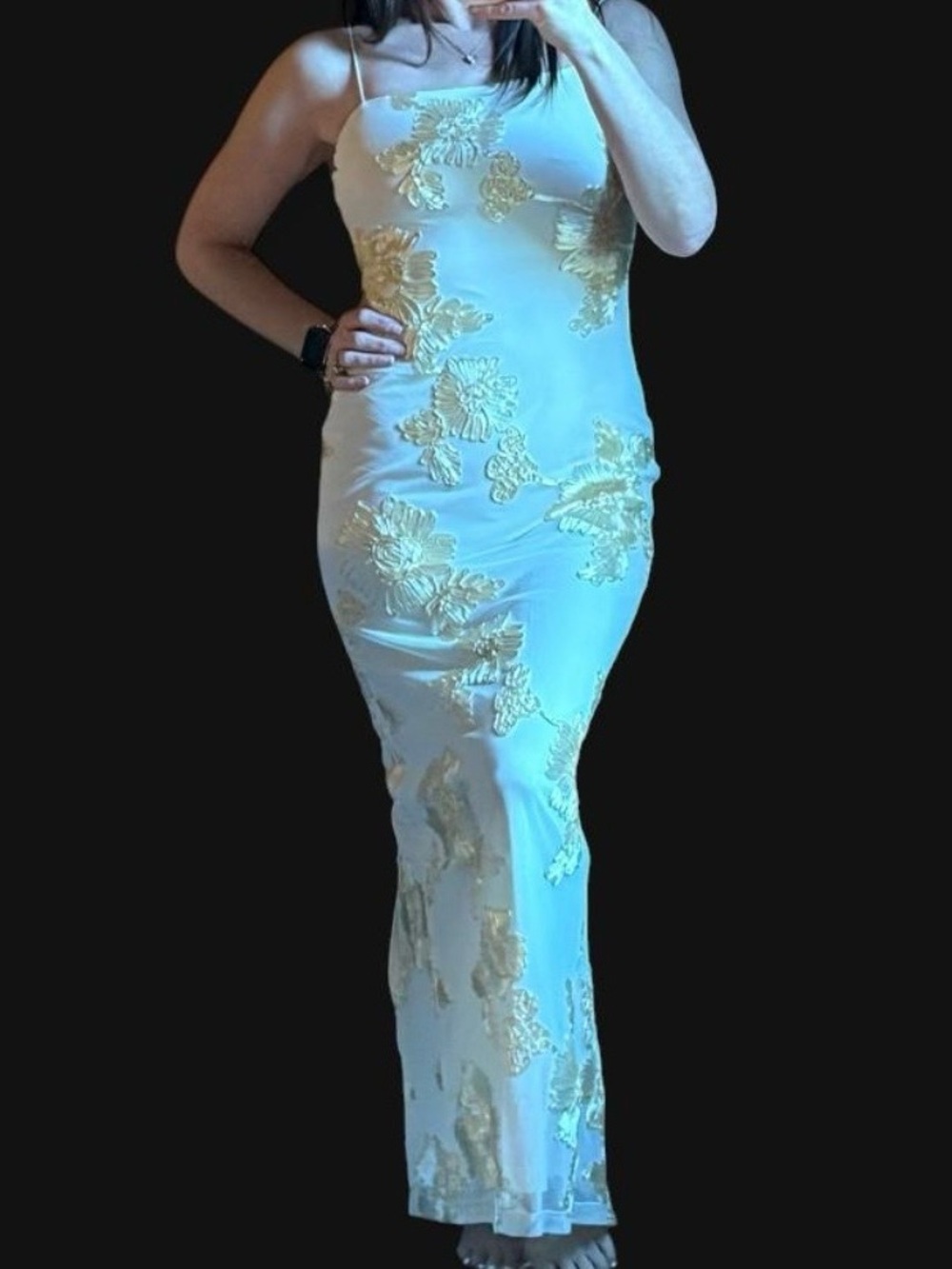 Elegant Ivory Maxi Dress with Gold Floral Appliqué